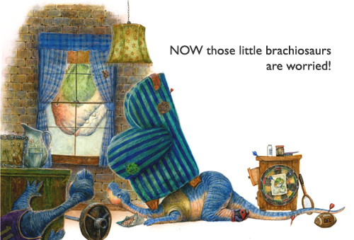 ‘Scared Little Dinos’ A couple of worried little brachiosaurs.  They’ve never read the original Three Little Pigs fairytale… and aren’t quite sure how this is all going to end.